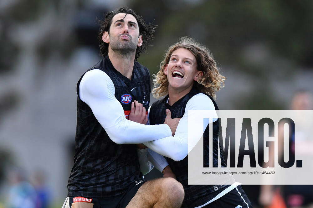 AFL MAGPIES TRAINING Brodie Grundy left and Aiden Begg of