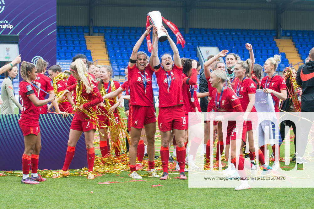 Birkenhead, UK. 24th Apr, 2022. Liverpool team celebrate with trophy after  winning the FA Women's Championship 2021-22 after winning the Womens  Championship football match between Liverpool and Sheffield United 6-1 at  Prenton