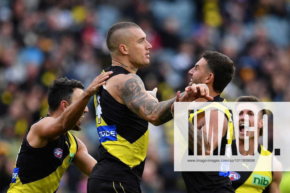 AFL TIGERS MAGPIES, Dustin Martin of Richmond celebrates kicking a goal ...