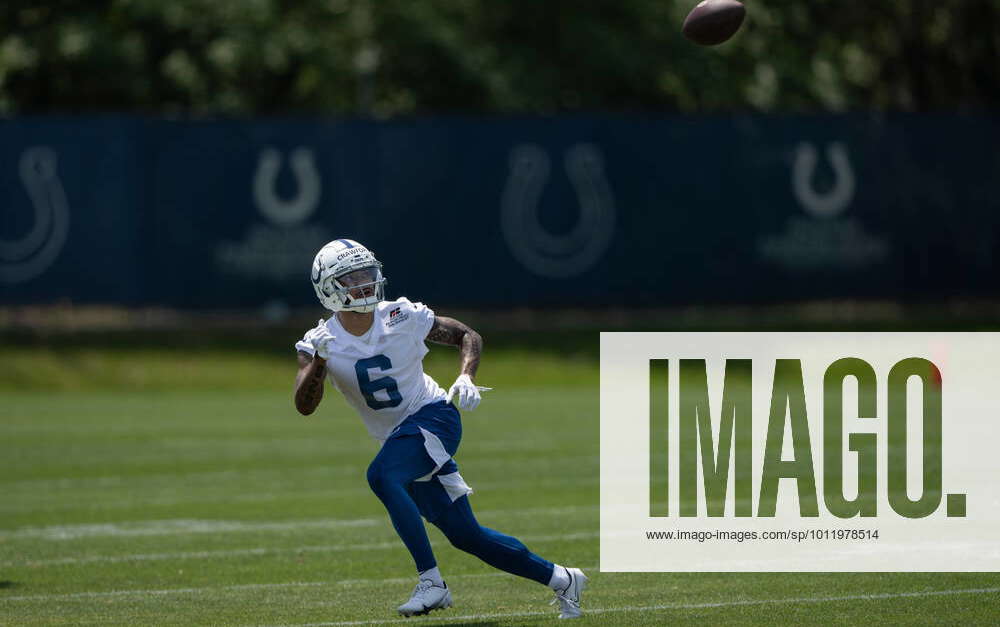 INDIANAPOLIS, IN - MAY 13: Indianapolis Colts wide receiver Kekoa Crawford  (6)runs through a drill during the Indianapolis Colts rookie camp practice  on May 13, 2022 at the Indiana Farm Bureau Football