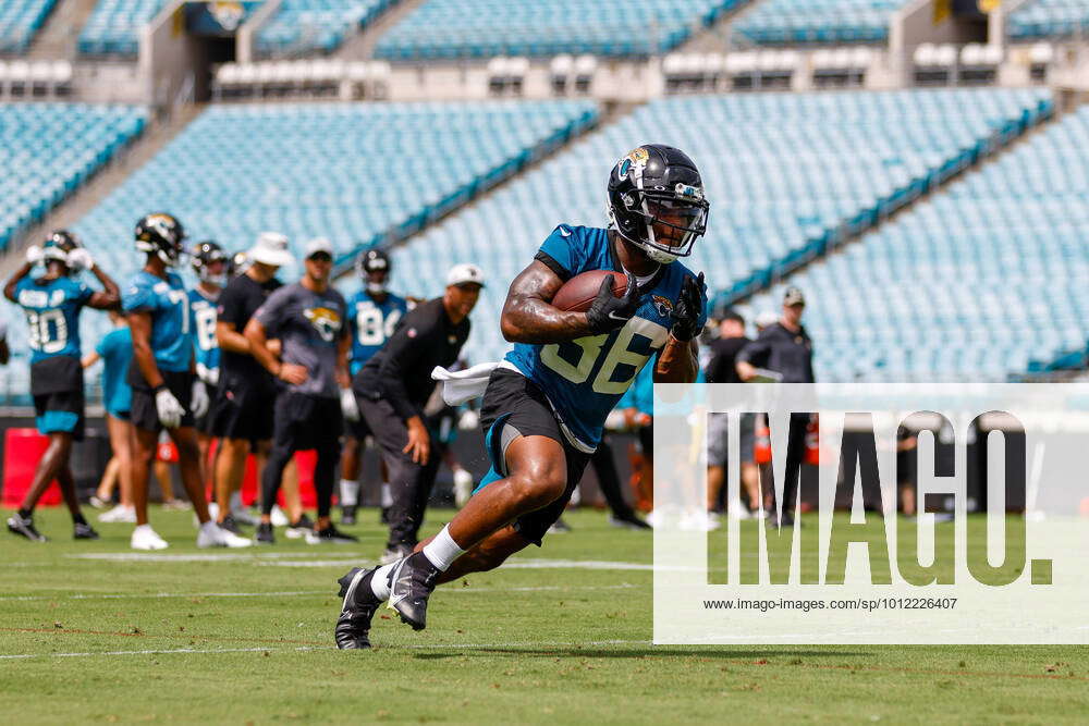 Jacksonville Jaguars running back Mekhi Sargent (36) is tackled by