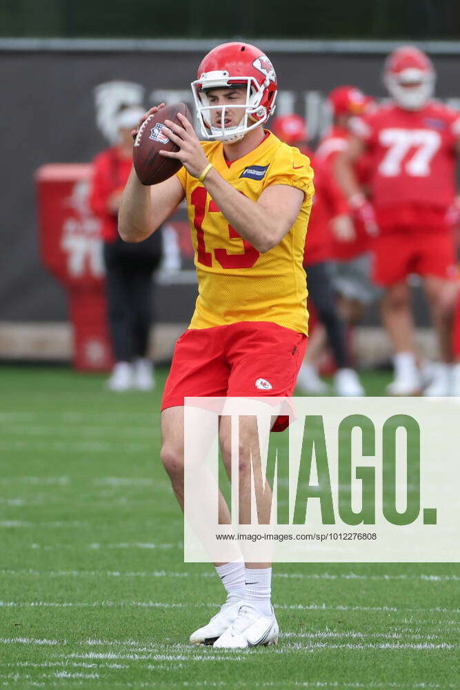 KANSAS CITY, MO - MAY 26: Kansas City Chiefs quarterback Dustin Crum (13)  drops back to pass