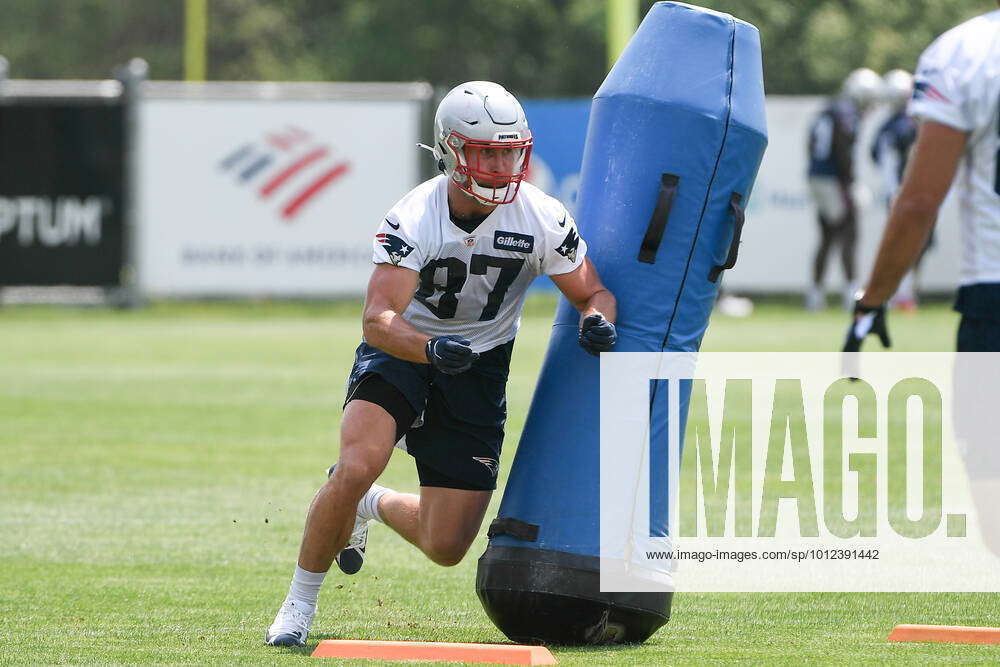 FOXBOROUGH, MA - JUNE 08: New England Patriots tight end Matt Sokol (87)  carries the ball during