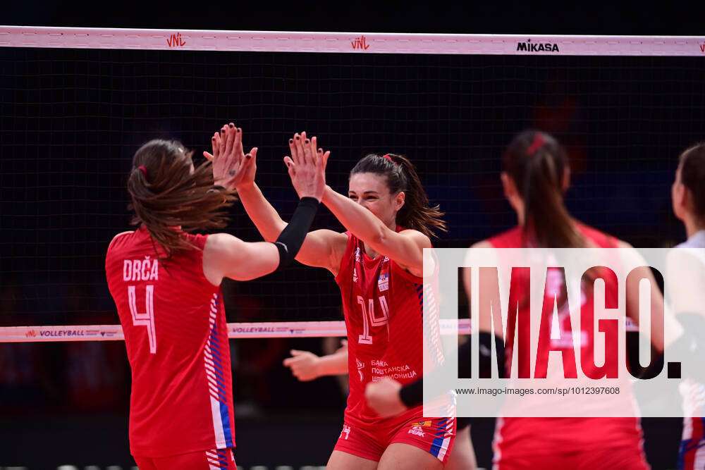 Bojana Drca 4 and Maja Aleksic 14 of Serbia during the FIVB Volleyball ...