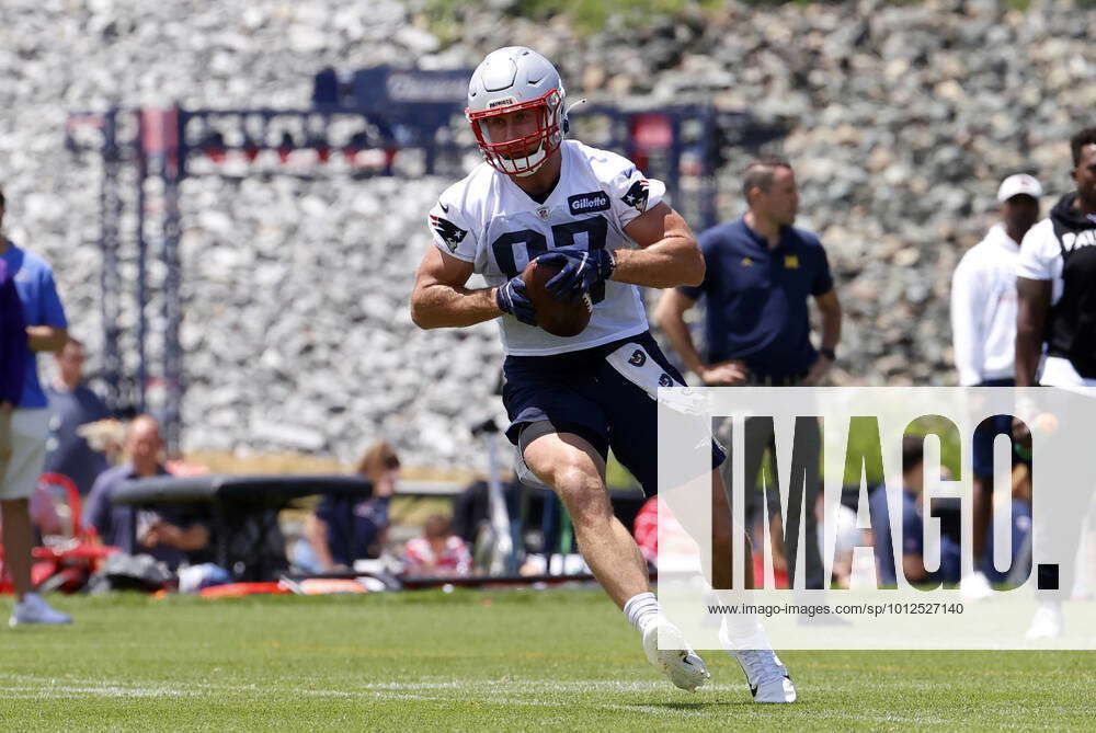 FOXBOROUGH, MA - JUNE 08: New England Patriots tight end Matt Sokol (87)  carries the ball during