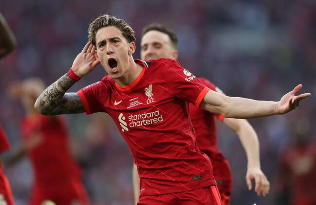 Mandatory Credit: Photo by JASONPIX Shutterstock (12940110am) Kostas Tsimikas of Liverpool celebrates after he scores the winning penalty in the shoot out as Liverpool win The FA Cup Chelsea v Liverpool - The Emirates FA Cup Final. Football, Wembley Stadium. UK. 14 MAY 2022 EDITORIAL USE ONLY No use with unauthorised audio, video, data, fixture lists (outside the EU), club league logos or live services. Online in-match use limited to 45 images ( 15 in extra time). No use to emulate moving images. No use in betting, games or single club league player publications services. Chelsea v Liverpool - The Emirates FA Cup Final. Football, Wembley Stadium. UK. 14 MAY 2022 EDITORIAL USE ONLY No use with unauthorised audio, video, data, fixture lists (outside the EU), club league logos or live services. Online in-match use limited to 45 images ( 15 in extra time). No use to emulate moving images. No use in betting, games or  Copyright: xJASONPIX Shutterstockx 12940110am