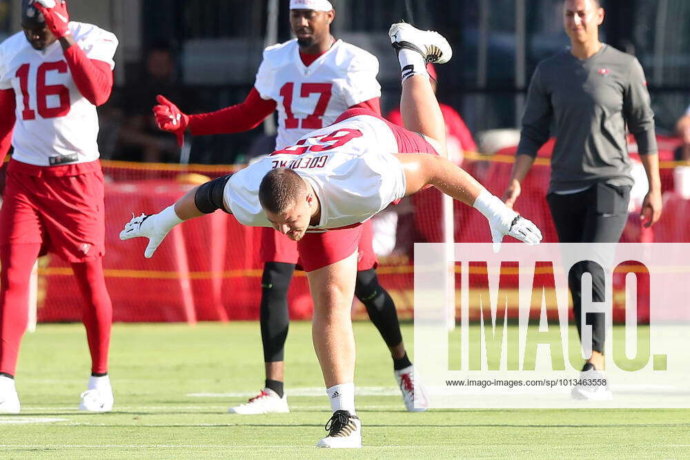 TAMPA, FL - JUL 27: Tampa Bay Buccaneers offensive lineman Luke Goedeke  (67) warms up during the