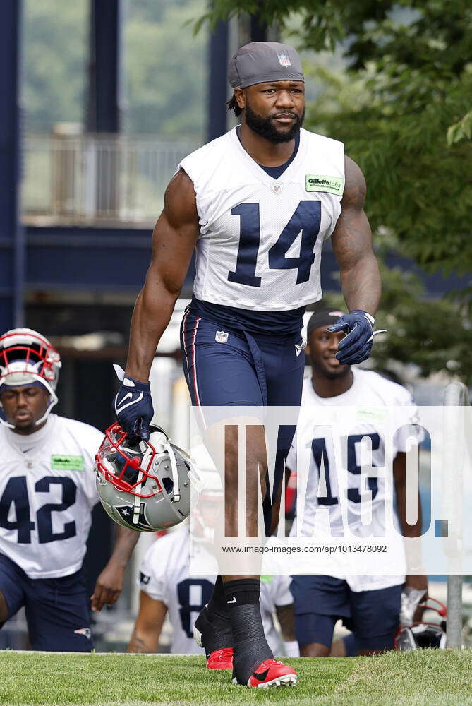 FOXBOROUGH, MA - AUGUST 19: New England Patriots wide receiver Ty Montgomery  (14) crosses the goal line during an NFL preseason game between the New  England Patriots and the Carolina Panthers on