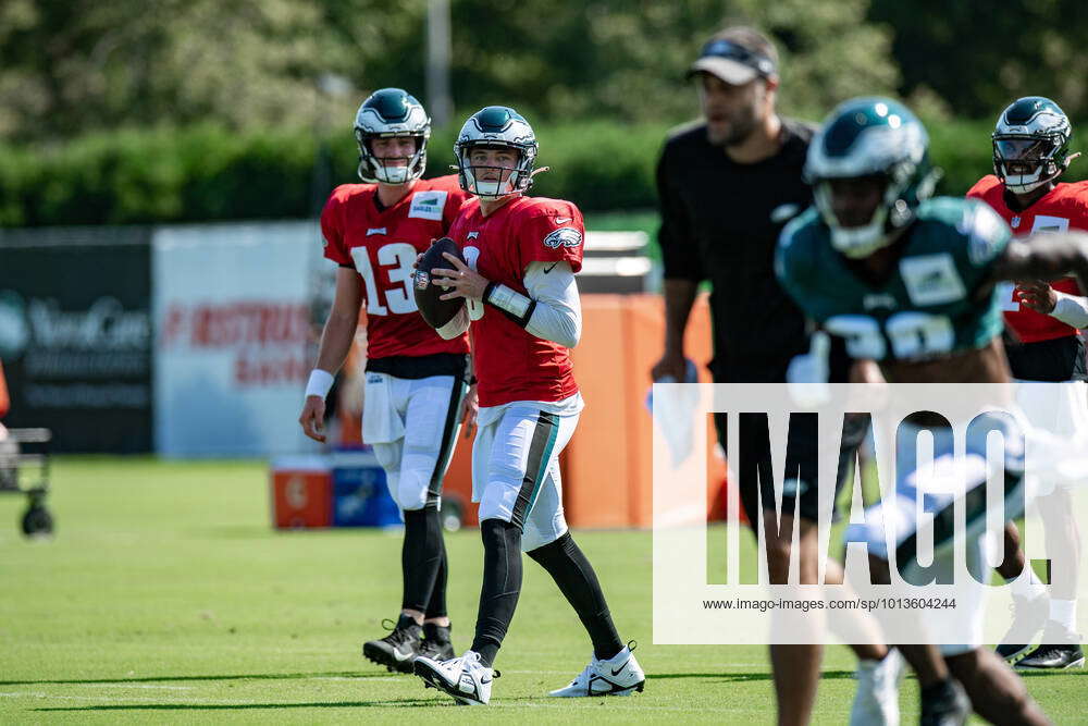 Philadelphia Eagles quarterback Carson Strong (8) jogs off of the