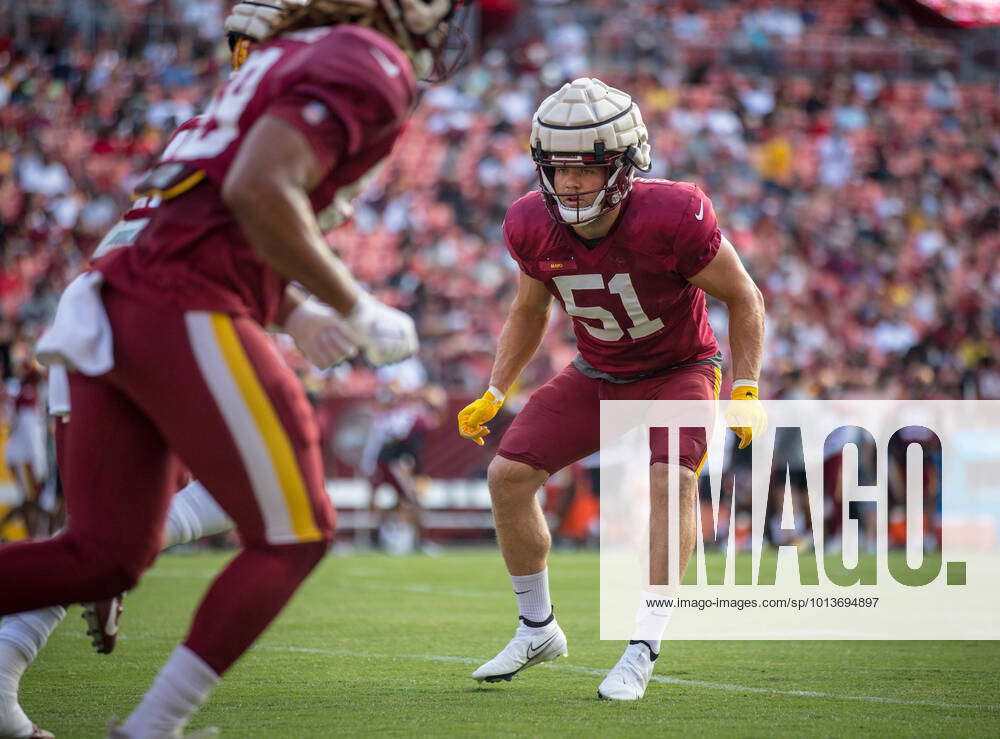 August 6, 2022: Washington Commanders linebacker David Mayo (51) working on  pass coverage technique