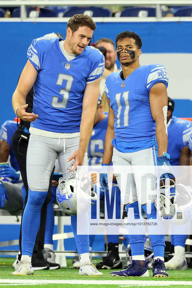 Detroit Lions punter Jack Fox (3) kicks off against the Seattle Seahawks  during an NFL football game at Ford Field in Detroit, Sunday, Sept. 17,  2023. (AP Photo/Rick Osentoski Stock Photo - Alamy