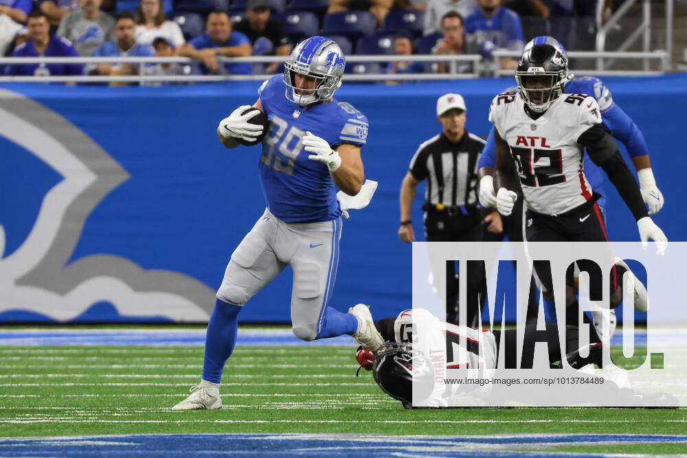 DETROIT, MI - AUGUST 11: Detroit Lions TE Brock Wright (89) in action  during the game between New York Giants and Detroit Lions on August 11,  2023 at Ford Field in Detroit