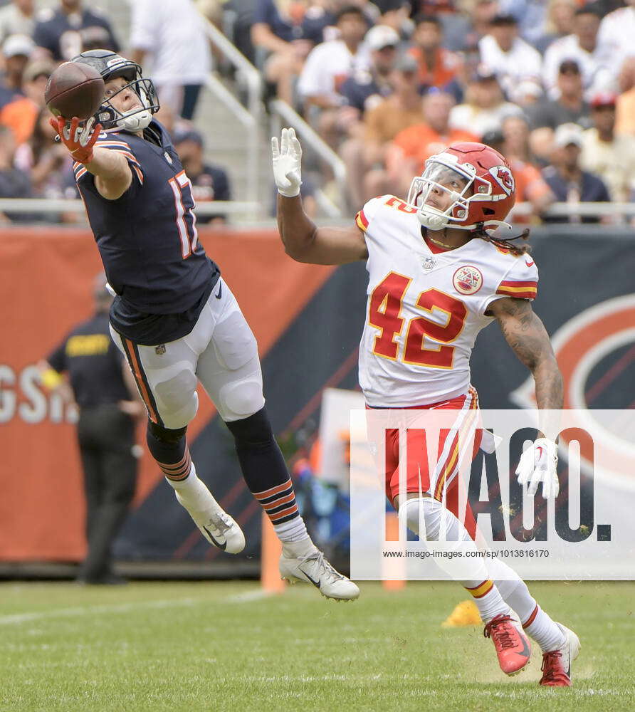 Chicago Bears wide receiver Chris Finke (17) attempts to catch a pass from  quarterback Nathan Peterm