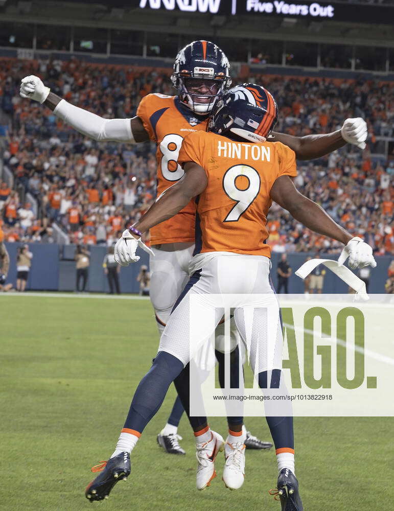 August 13, 2022, Denver, Colorado, USA: Denver Broncos WR KENDALL HINTON  celebrates with team mate W