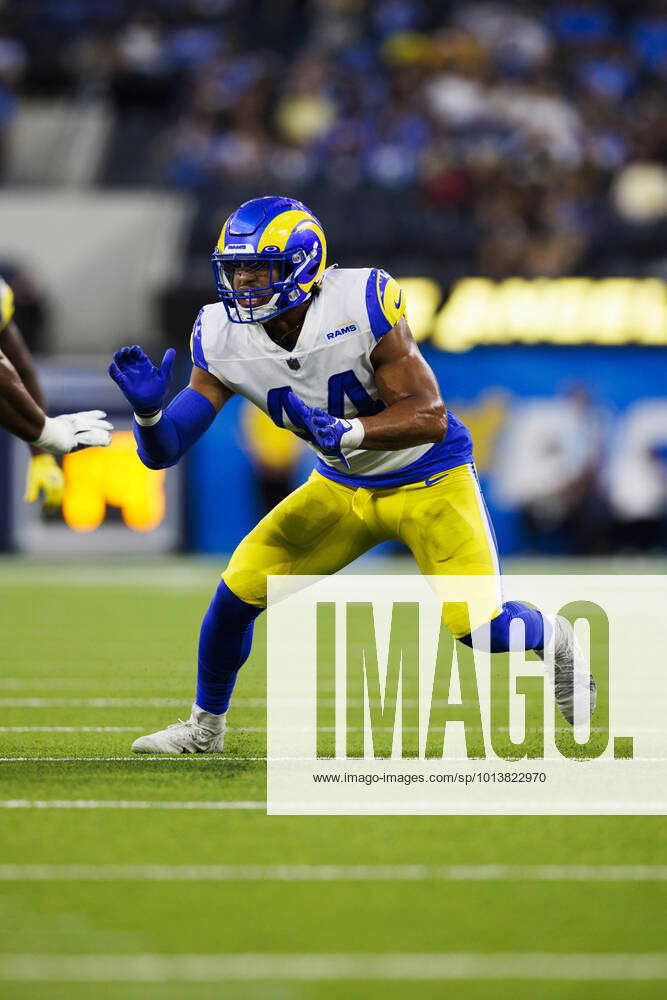 INGLEWOOD, CA - AUGUST 13: Los Angeles Rams linebacker Daniel Hardy (44)  rushes the edge during the