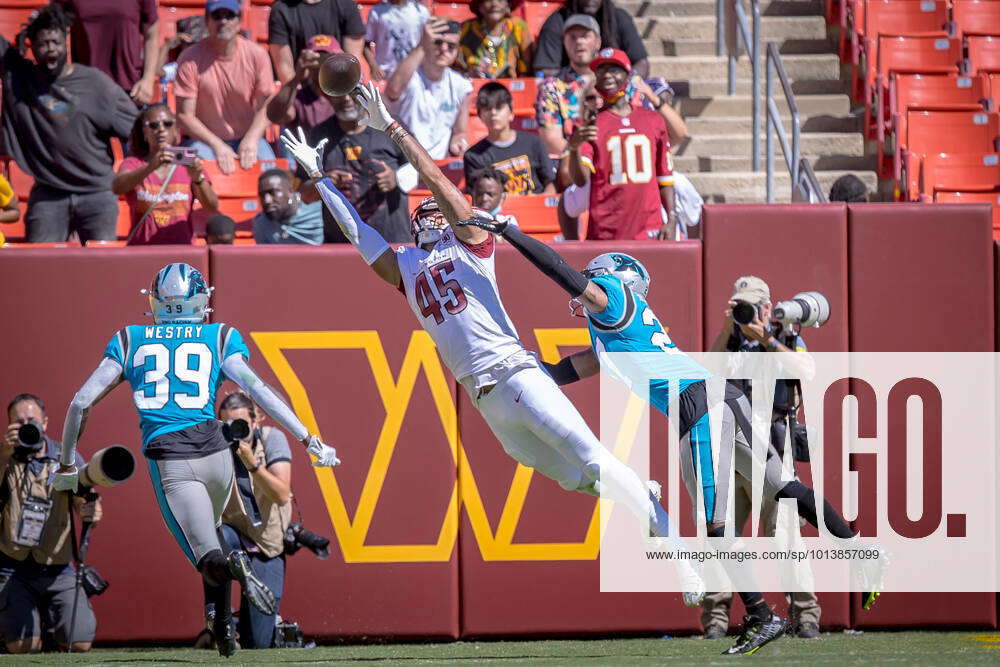 August 13, 2022 : The pass is just out of reach for Washington Commanders  tight end Curtis