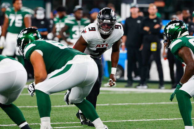 EAST RUTHERFORD, NJ - AUGUST 22: Atlanta Falcons linebacker Lorenzo Carter  (9) during the National