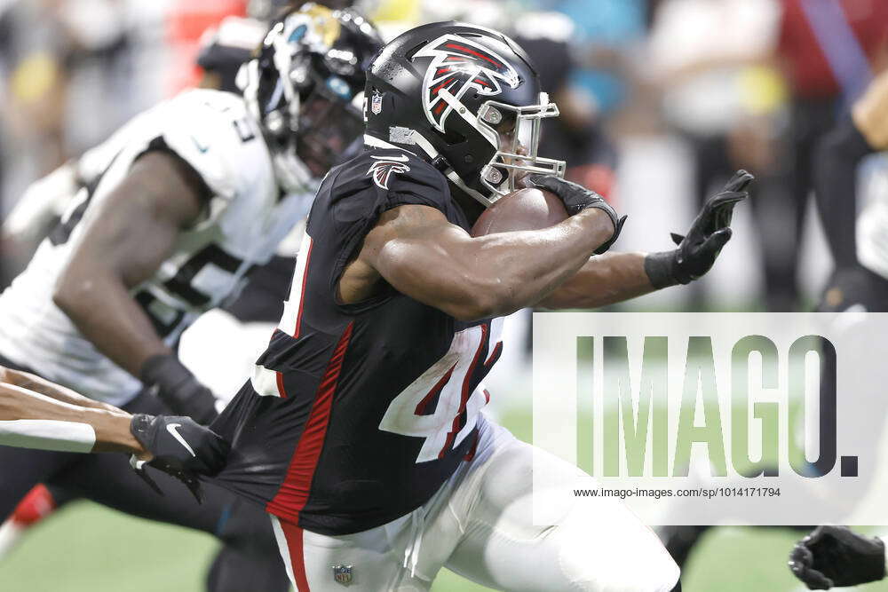 Atlanta Falcons running back Caleb Huntley (42) runs the ball during the  second half of a preseason NFL football game against the Tennessee Titans,  Friday, Aug. 13, 2021, in Atlanta. The Tennessee