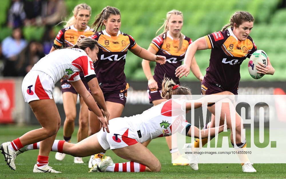 NRLW BRONCOS DRAGONS, Brianna Clark of the Broncos is tackled by Kezie ...