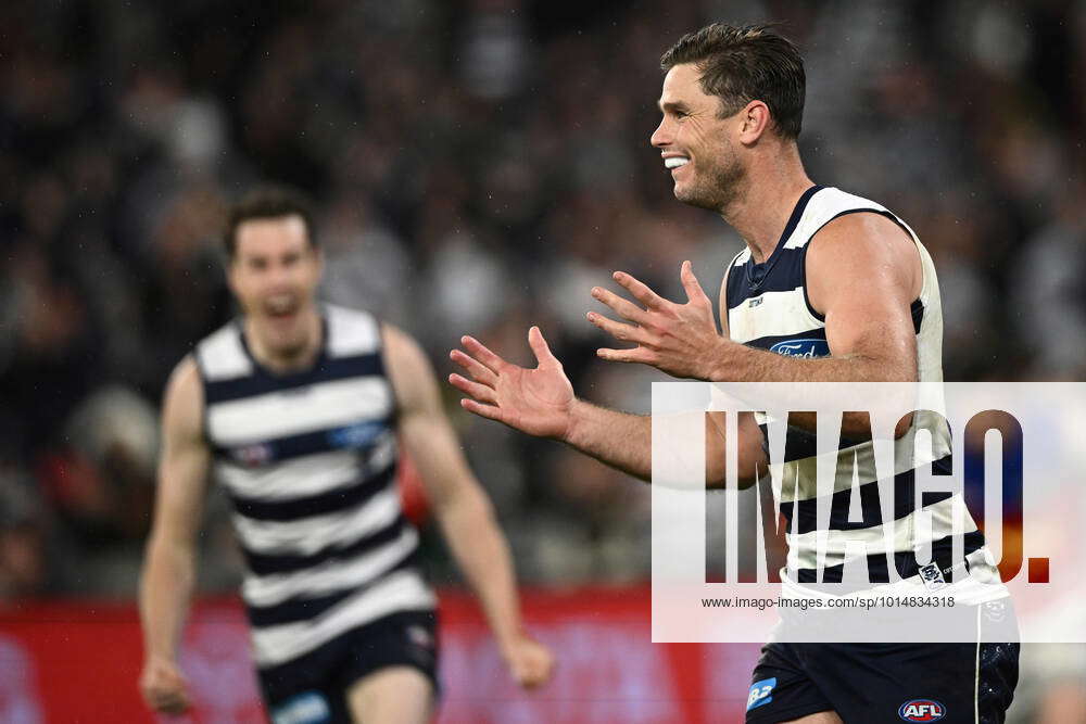 Afl Cats Lions Tom Hawkins Of Geelong Celebrates Kicking A Goal During