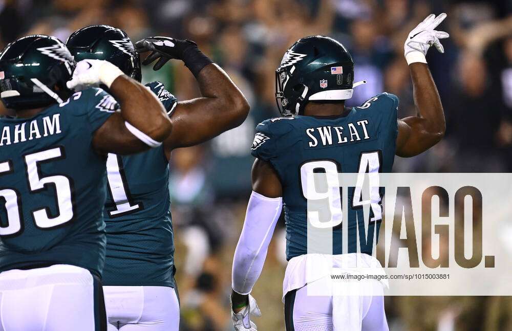 October 6, 2019: Philadelphia Eagles defensive end Josh Sweat (94) reacts  to his sack during the NFL game between the New York Jets and the Philadelphia  Eagles at Lincoln Financial Field in