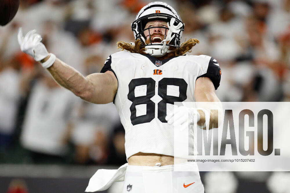 Cincinnati Bengals tight end Hayden Hurst (88) reacts after