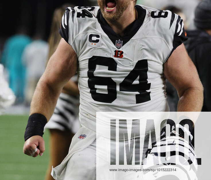 Cincinnati Bengals Ted Karras (64) reacts after defeating the Miami  Dolphins at Paycor Stadium