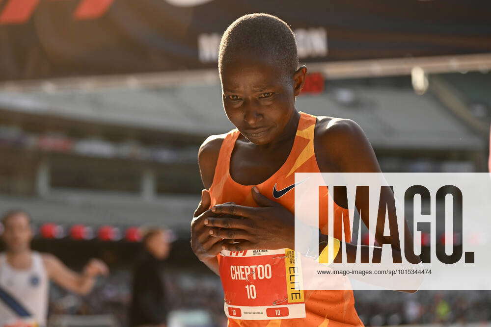 MELBOURNE MARATHON Beatrice Cheptoo reacts after crossing the