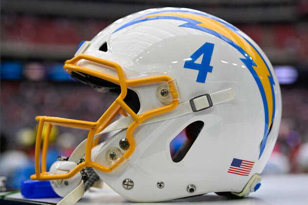 Houston, TX, USA. 2nd Oct, 2022. A Los Angeles Chargers helmet