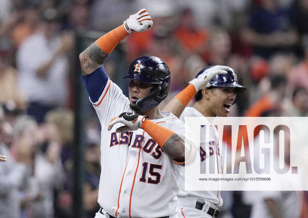 Martin Maldonado of the Houston Astros celebrates hitting a home