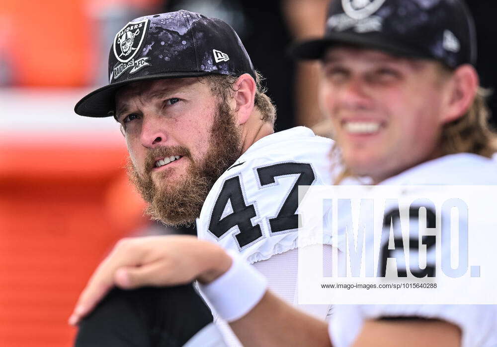 A view of the back of the Raiders helmet worn by Las Vegas Raiders long  snapper Trent Sieg (47) …