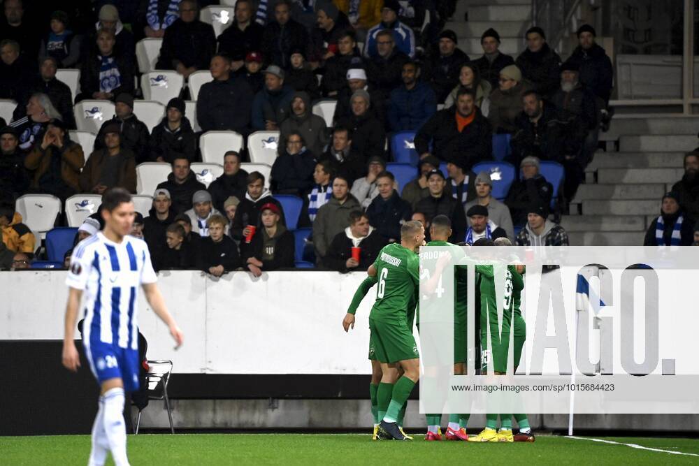 Ludogorets' team celebrate their first goal during the Europa