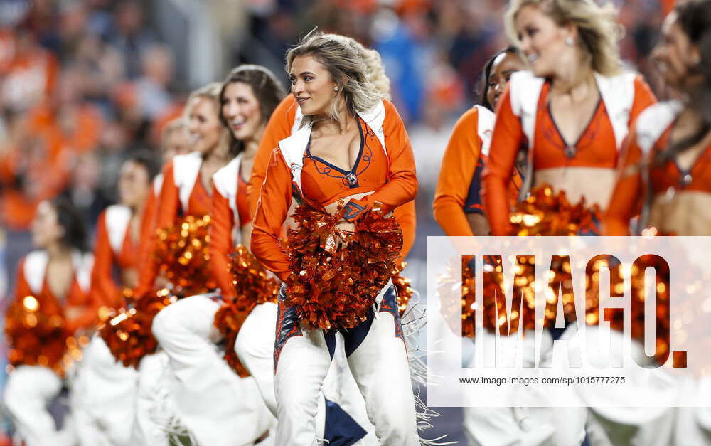 DENVER, CO - OCTOBER 06: A Denvers Broncos Cheerleader preforms during an  NFL game between the Indianapolis Colts and the Denver Broncos on October  06, 2022 at Empower Field at Mile High