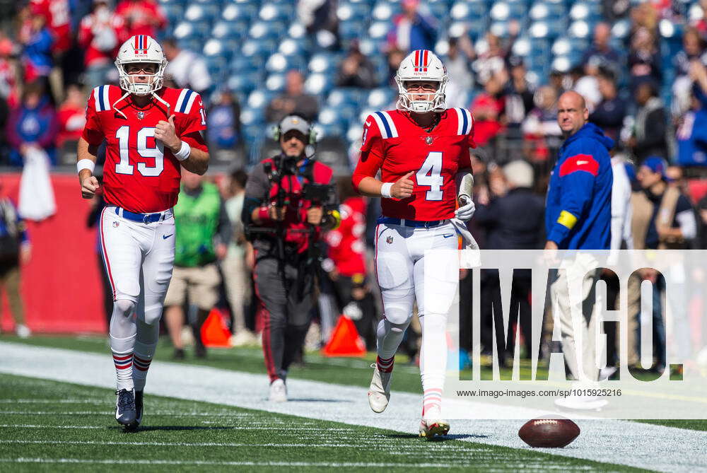 Foxborough, Massachusetts, USA. 9th Oct, 2022. Massachusetts, USA; New  England Patriots quarterback Garrett Gilbert (19) on the sideline before  the start of the first half against the Detroit Lions at Gillette Stadium