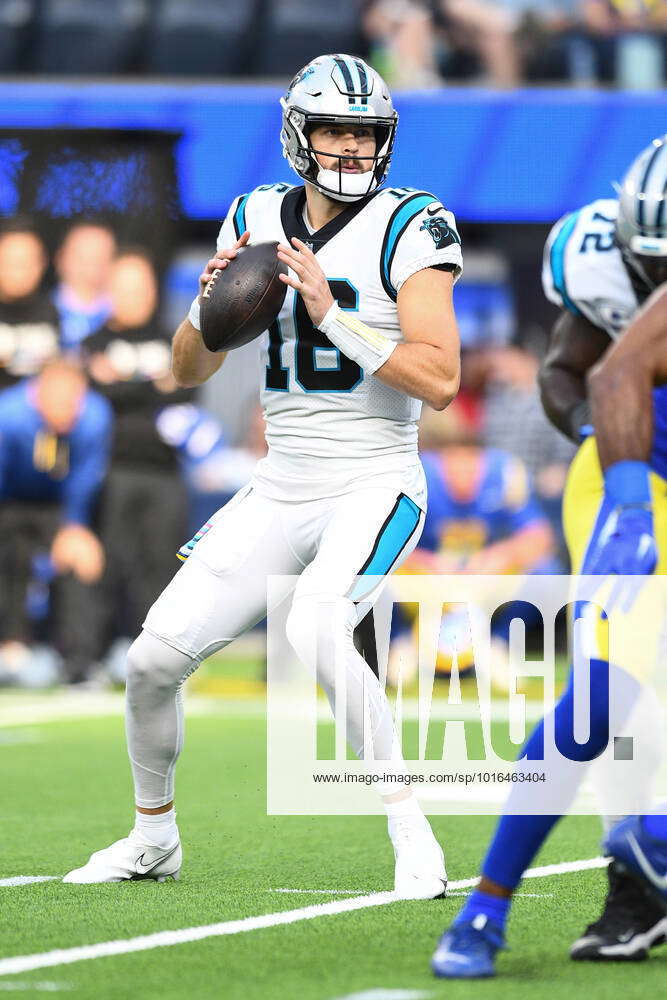 INGLEWOOD, CA - OCTOBER 16: Carolina Panthers Quarterback Jacob Eason (16)  drops back to throw a