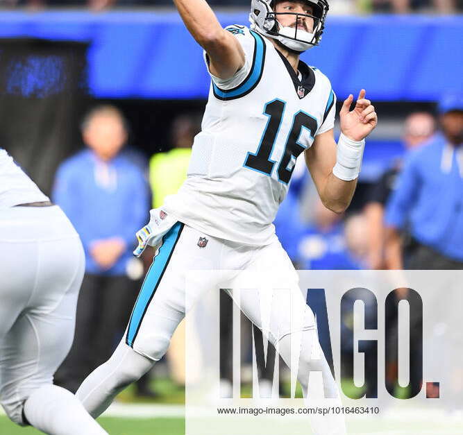 INGLEWOOD, CA - OCTOBER 16: Carolina Panthers Quarterback Jacob Eason (16)  huddles up the offense du