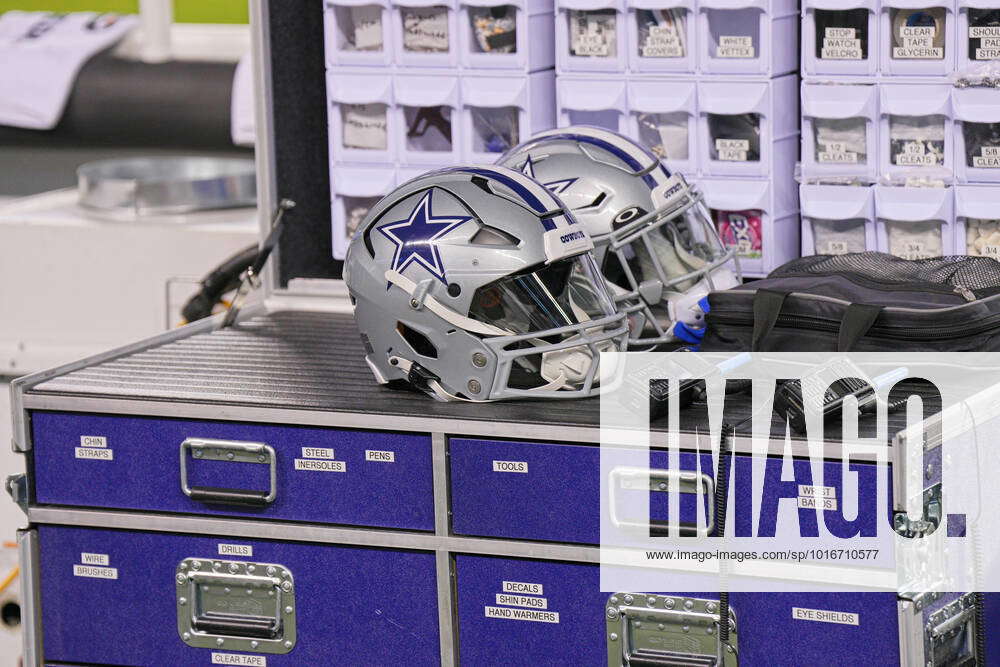 PHILADELPHIA, PA - OCTOBER 16: Dallas Cowboys helmets sit on a cart during  the game between the