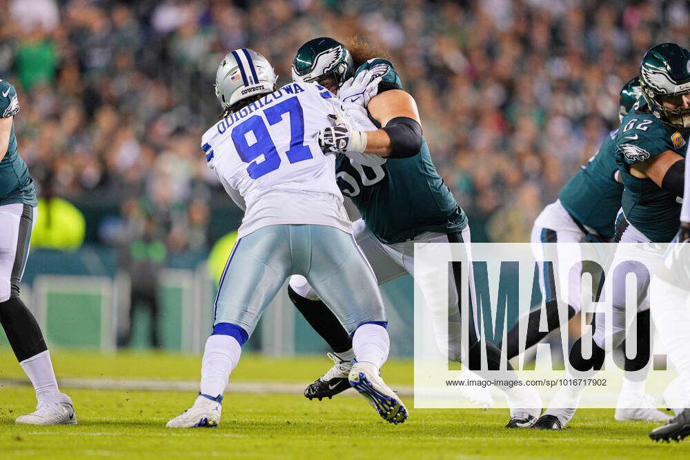 PHILADELPHIA, PA - OCTOBER 16: Dallas Cowboys defensive tackle Osa  Odighizuwa (97) is blocked by Phi