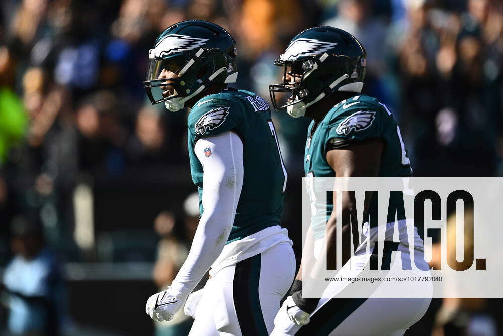 PHILADELPHIA, PA - AUGUST 02: Philadelphia Eagles linebacker Haason Reddick  (7) greets Philadelphia Eagles defensive lineman Javon Hargrave (97) during  training camp on August 2, 2022 at the Novacare Complex in Philadelphia