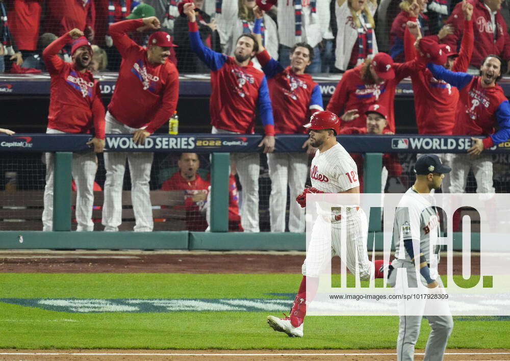 Philadelphia Phillies Kyle Schwarber runs the bases after hitting a two