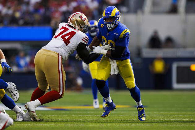 INGLEWOOD, CA - OCTOBER 30: San Francisco 49ers offensive tackle Spencer  Burford (74) blocks Los Ang