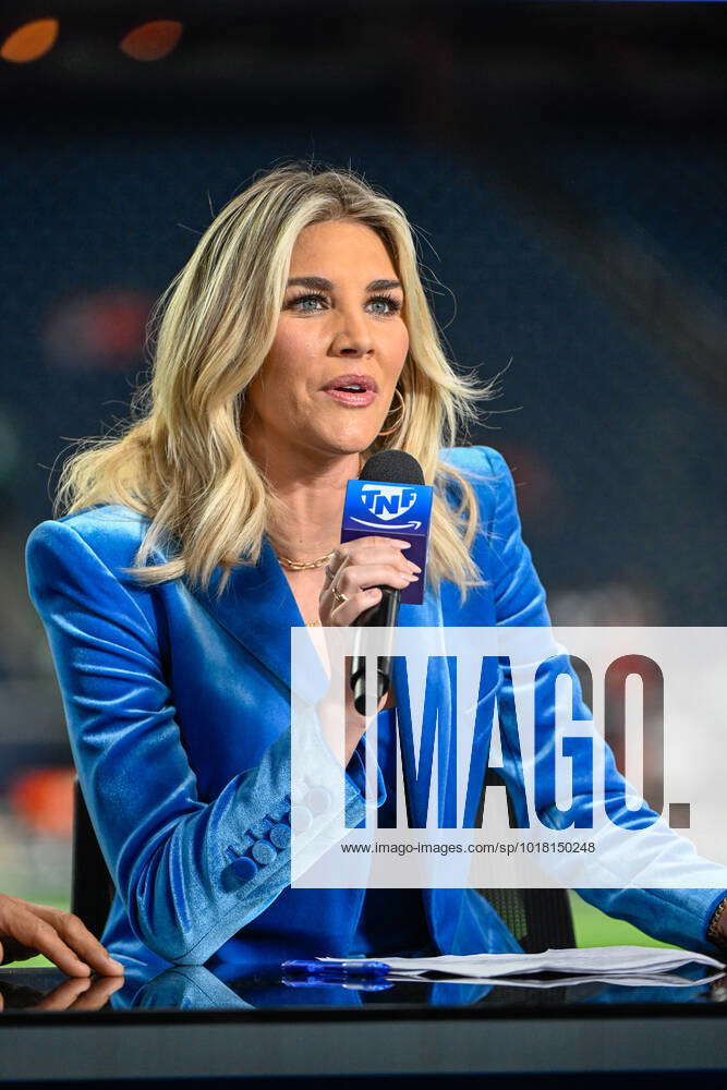 HOUSTON, TX - NOVEMBER 03:  Thursday Night Football analyst Charissa  Thompson performs a live shot before the football game between the  Philadelphia Eagles and Houston Texans at NRG Stadium on November