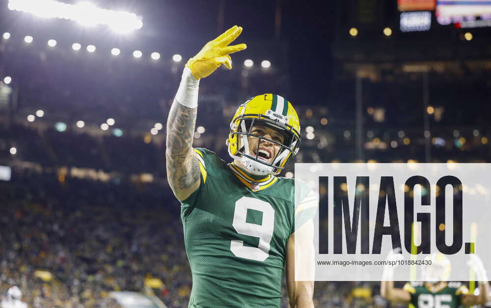 November 13, 2022: Green Bay Packers wide receiver Christian Watson (9)  cheering the fans on during the NFL football game between the Dallas  Cowboys and the Green Bay Packers in Green Bay