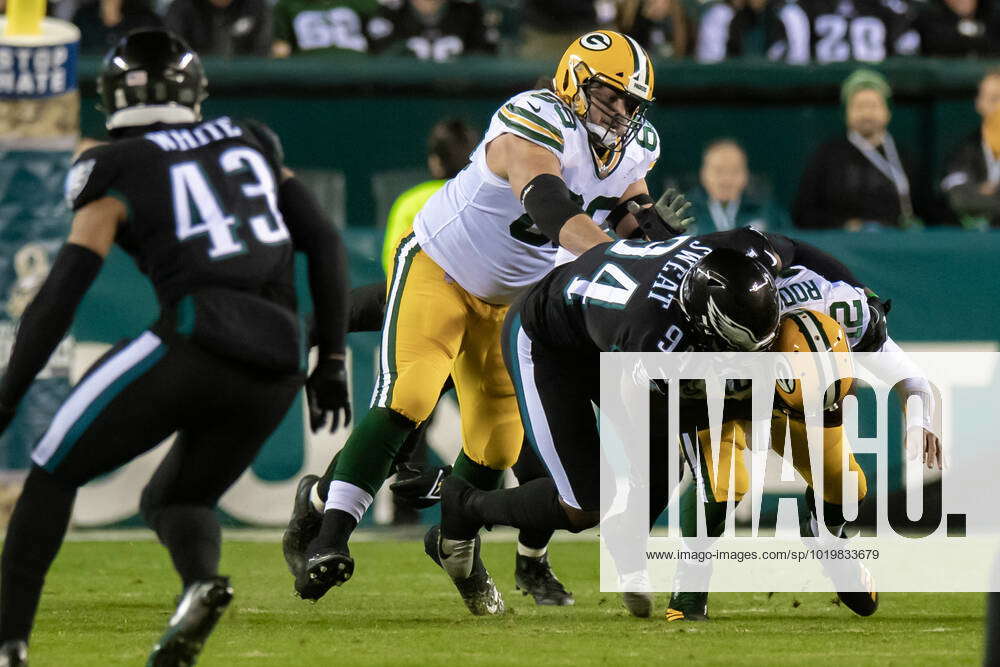 Philadelphia Eagles defensive end Josh Sweat takes down Green Bay Packers  quarterback Aaron Rodgers for a 3-yard sack