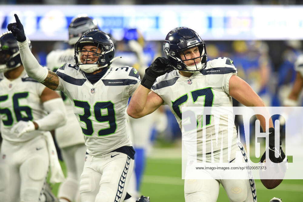 INGLEWOOD, CA - DECEMBER 04: Seattle Seahawks inside linebacker Cody Barton  (57) celebrates with Sea