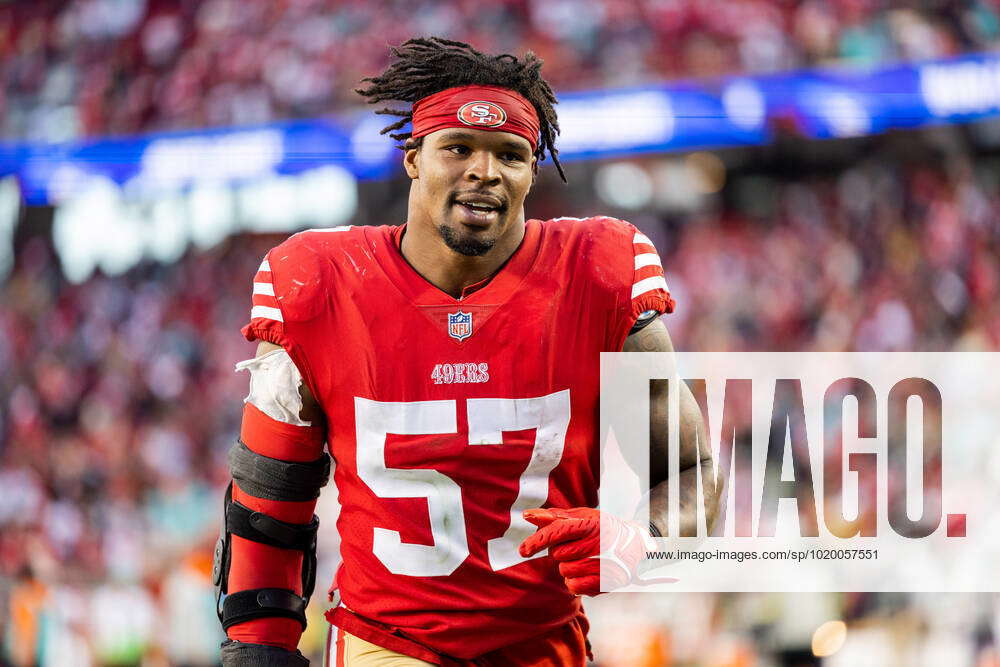 San Francisco 49ers linebacker Dre Greenlaw (57) runs onto the field during  an NFL football game against the New York Giants, Thursday, Sept. 21, 2023,  in Santa Clara, Calif. (AP Photo/Scot Tucker