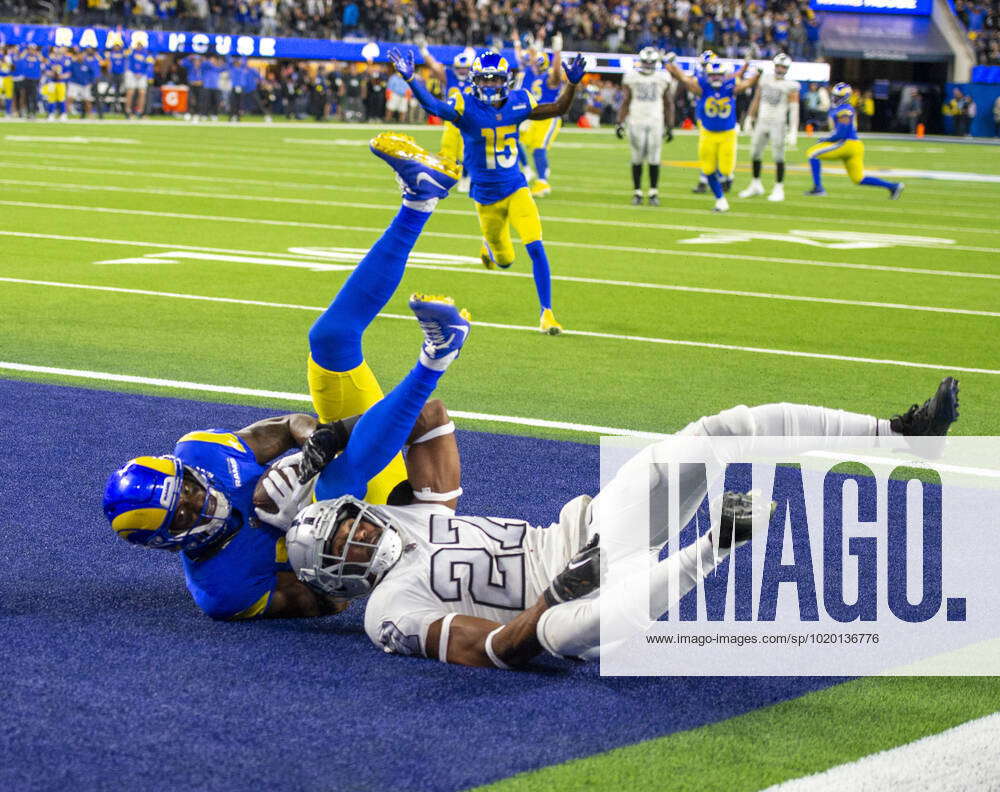 Los Angeles Rams wide receiver Van Jefferson (12) and Las Vegas Raiders  cornerback Sam Webb (27)