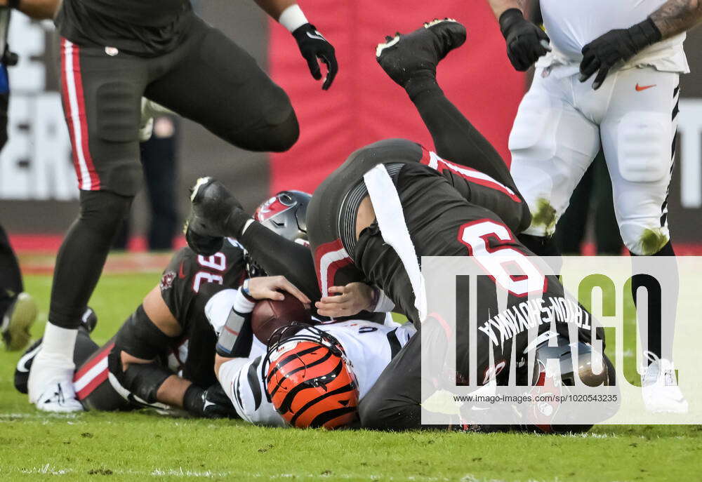 Tampa Bay Buccaneers Anthony Nelson (98) and Joe Tryon-Shoyinka (9) sack  Cincinnati Bengals quarterb