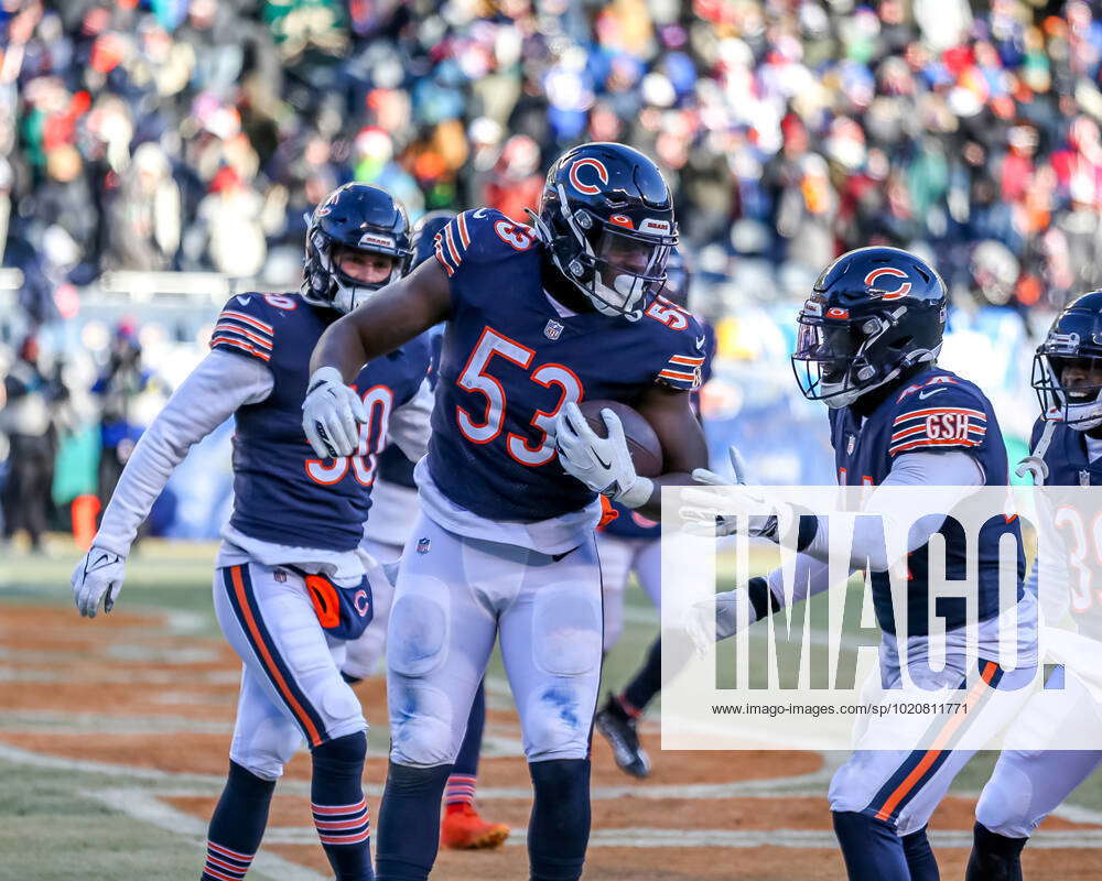 Chicago Bears linebacker Nicholas Morrow (53) runs off the field after an  NFL football game against the New York Giants on Sunday, Oct. 2, 2022, in  East Rutherford, N.J. (AP Photo/Adam Hunger