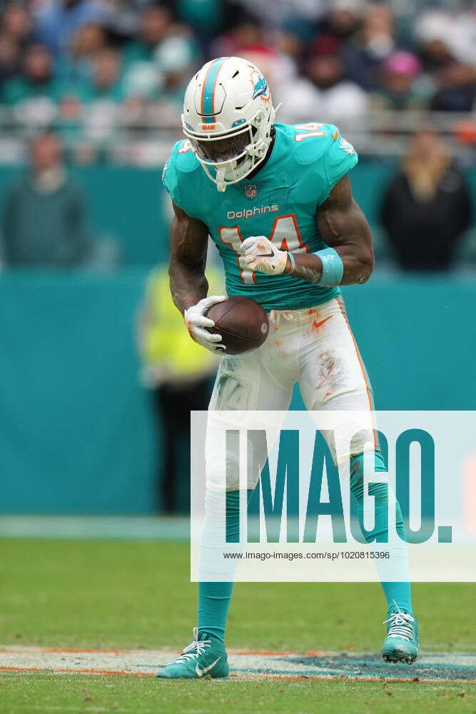 MIAMI GARDENS, FL - DECEMBER 25: Miami Dolphins wide receiver Trent  Sherfield (14) flexes in celebra